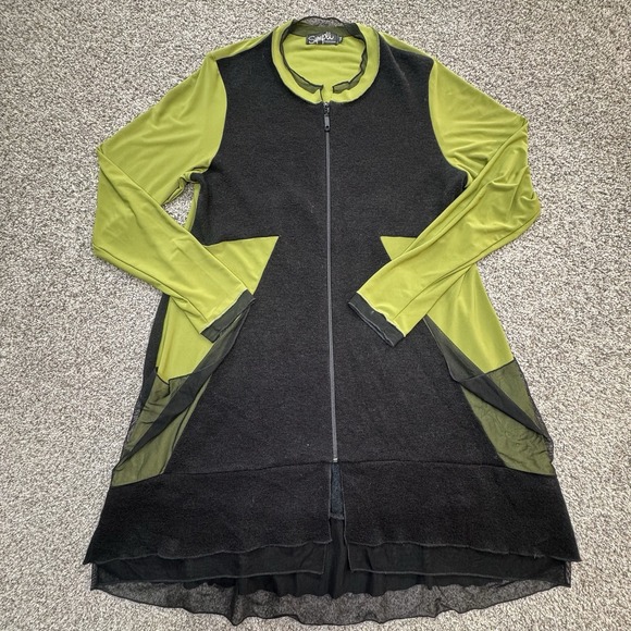 Sympli Sweaters - Sympli Fuzzy Tunic Zipper Cardigan Multi Fabrics Green/Black Zippered Pockets 14